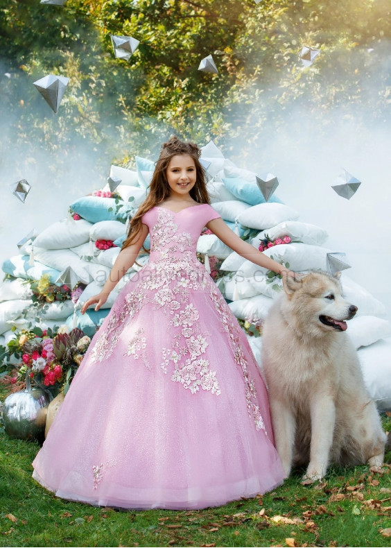 Beaded Pink Lace Floral Glitter Tulle Heart Back Flower Girl Dress Beaded Pink Lace Floral Glitter Tulle Heart Back Flower Girl Dress